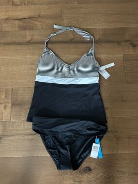 Bleu Rod Beattie Black and White Striped Halter One-Piece Swim
